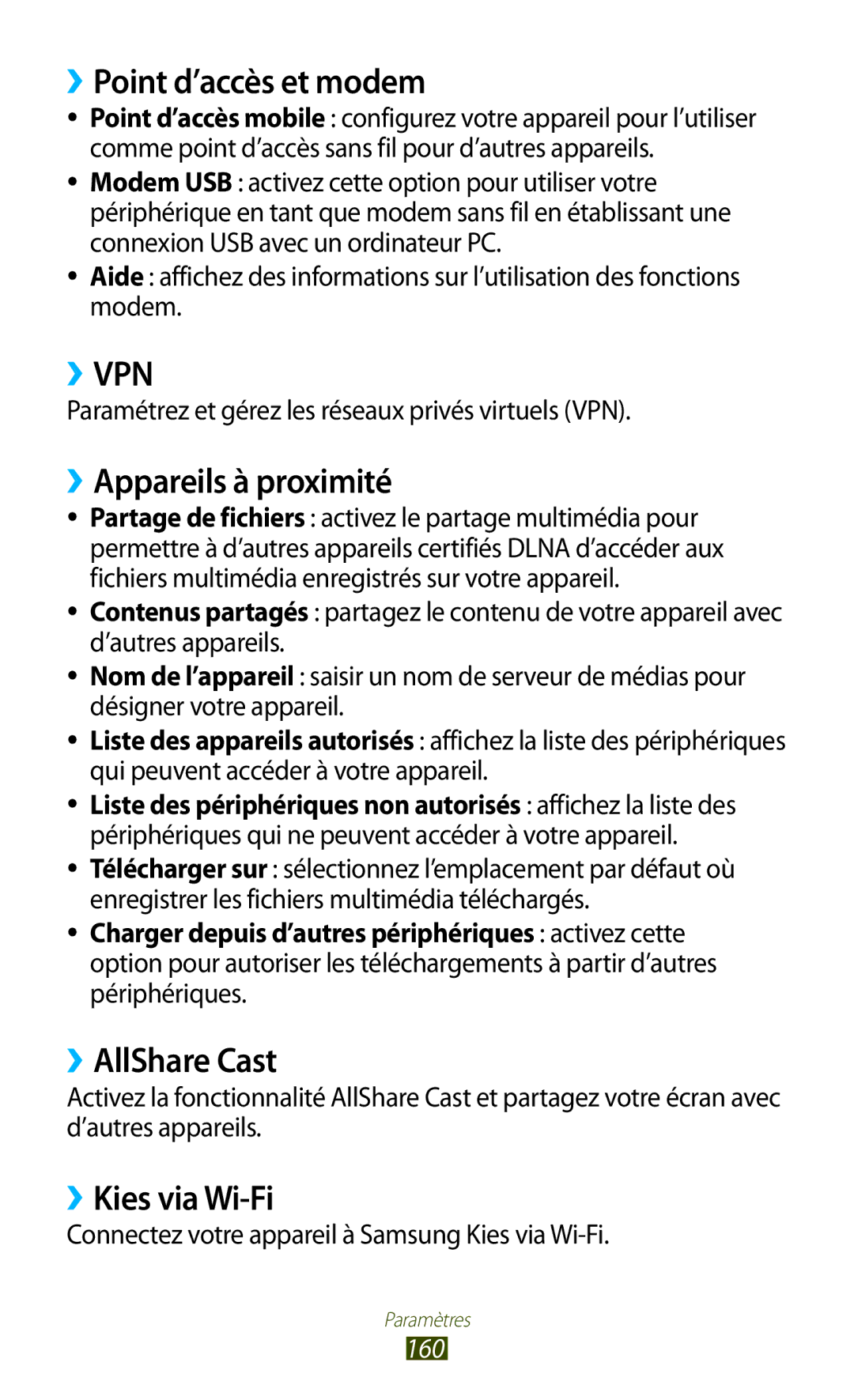 Samsung GT-N8000ZWEXEF manual ››Point d’accès et modem, ››Appareils à proximité, ››AllShare Cast, ››Kies via Wi-Fi, 160 