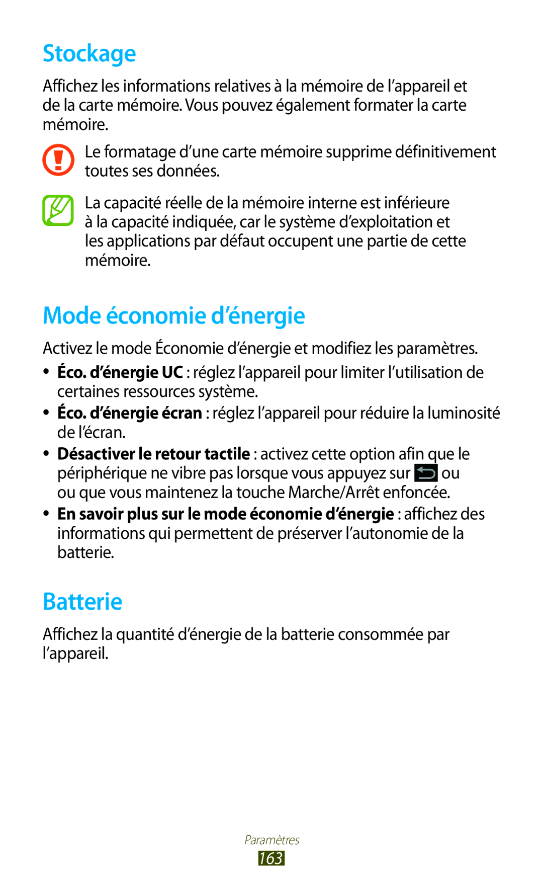 Samsung GT-N8000ZWAXEF, GT-N8000ZWEXEF, GT-N8000EAEXEF, GT-N8000EAAXEF manual Stockage, Mode économie d’énergie, Batterie, 163 