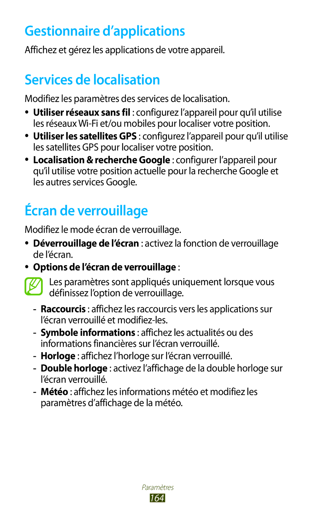 Samsung GT-N8000ZWEXEF, GT-N8000EAEXEF Gestionnaire d’applications, Services de localisation, Écran de verrouillage, 164 