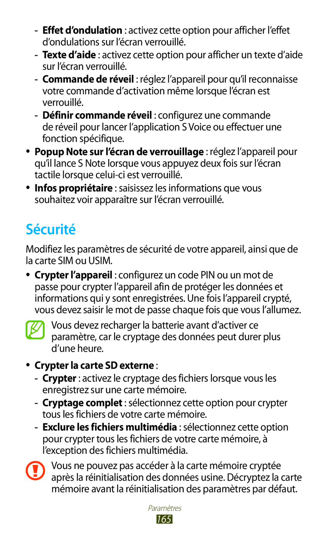 Samsung GT-N8000EAEXEF, GT-N8000ZWEXEF, GT-N8000EAAXEF, GT-N8000ZWAXEF manual Sécurité, Crypter la carte SD externe, 165 