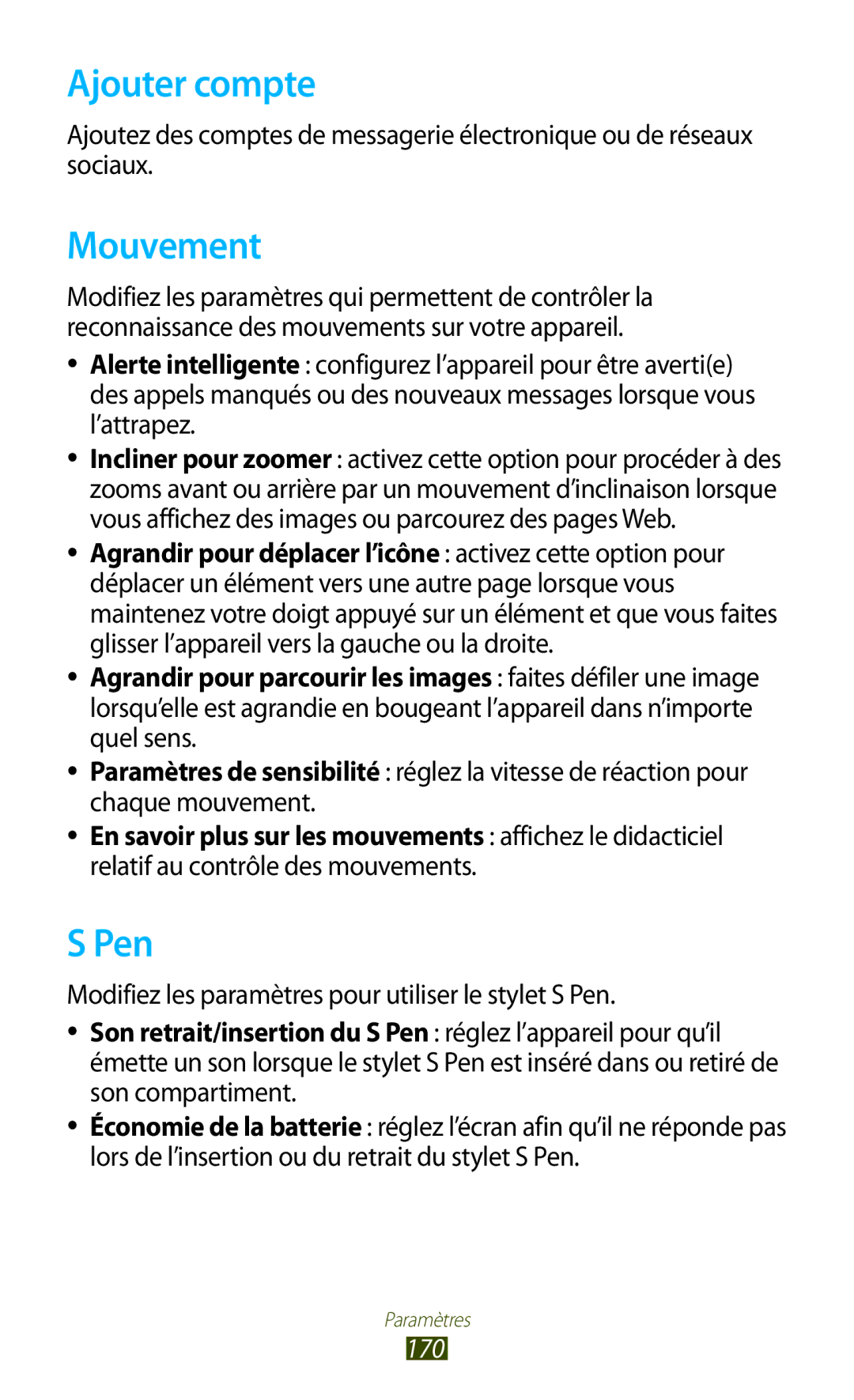 Samsung GT-N8000EAAXEF manual Ajouter compte, Mouvement, Modifiez les paramètres pour utiliser le stylet S Pen, 170 