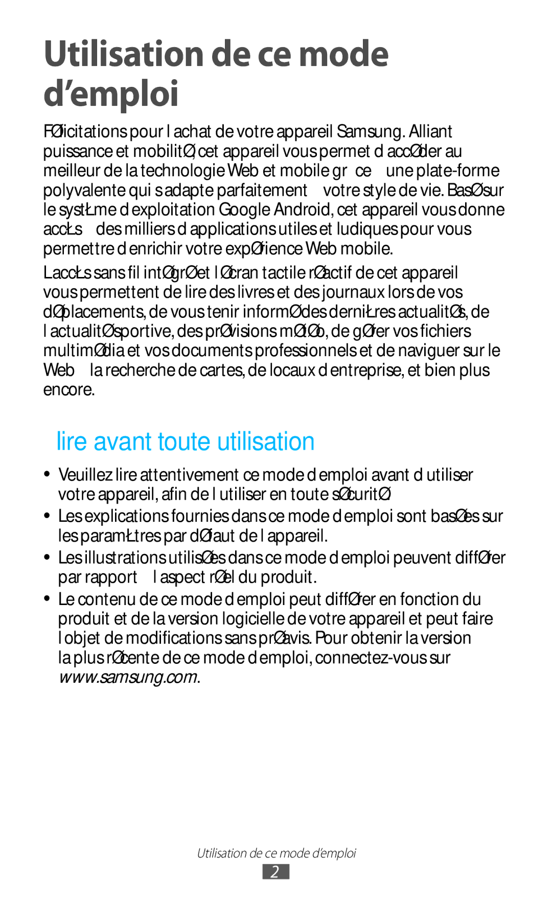 Samsung GT-N8000EAAXEF, GT-N8000ZWEXEF, GT-N8000EAEXEF manual Utilisation de ce mode d’emploi, Lire avant toute utilisation 