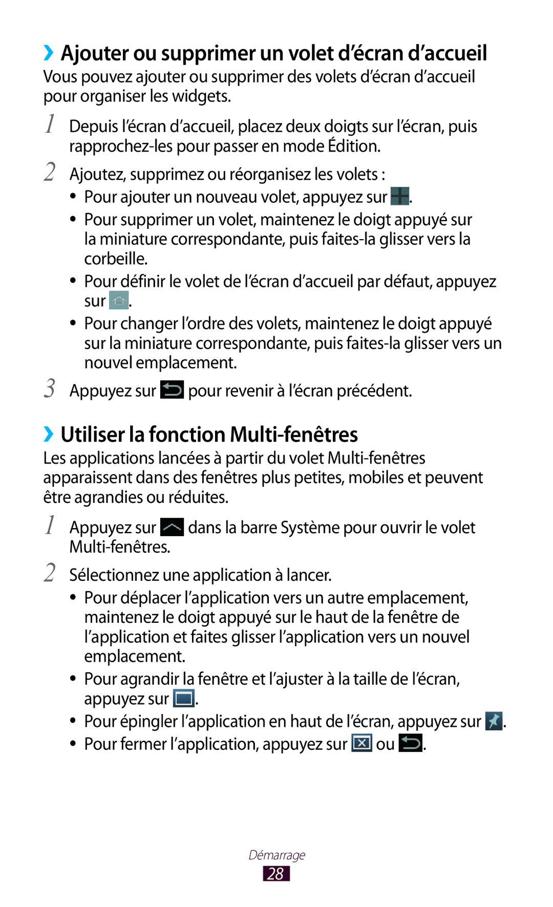 Samsung GT-N8000ZWEXEF manual ››Utiliser la fonction Multi-fenêtres, ››Ajouter ou supprimer un volet d’écran d’accueil 