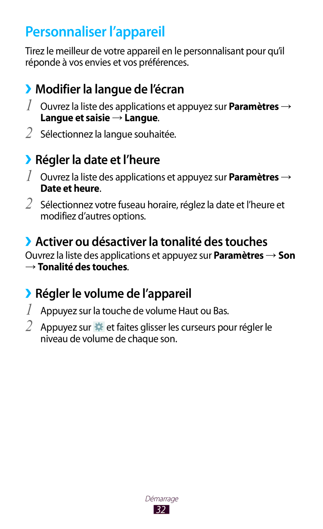 Samsung GT-N8000ZWEXEF manual Personnaliser l’appareil, ››Modifier la langue de l’écran, ››Régler la date et l’heure 