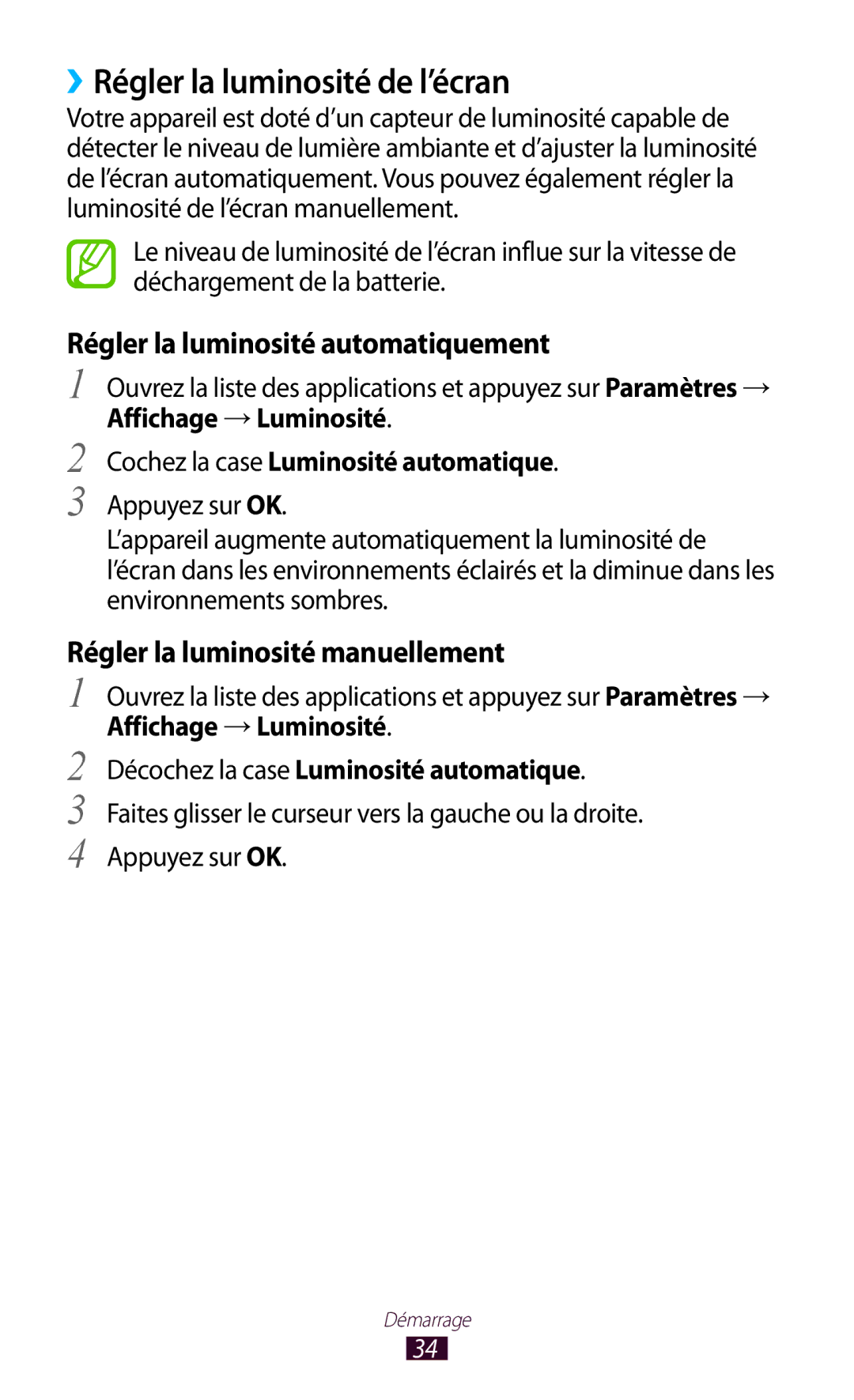 Samsung GT-N8000EAAXEF, GT-N8000ZWEXEF manual ››Régler la luminosité de l’écran, Régler la luminosité automatiquement 