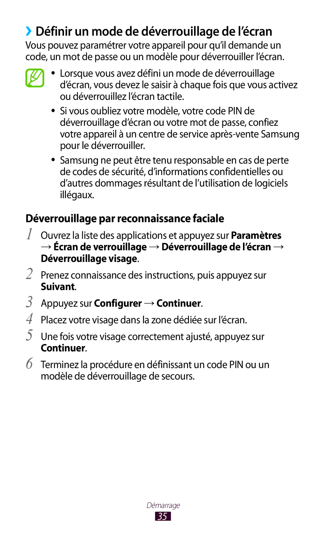 Samsung GT-N8000ZWAXEF manual ››Définir un mode de déverrouillage de l’écran, Déverrouillage par reconnaissance faciale 