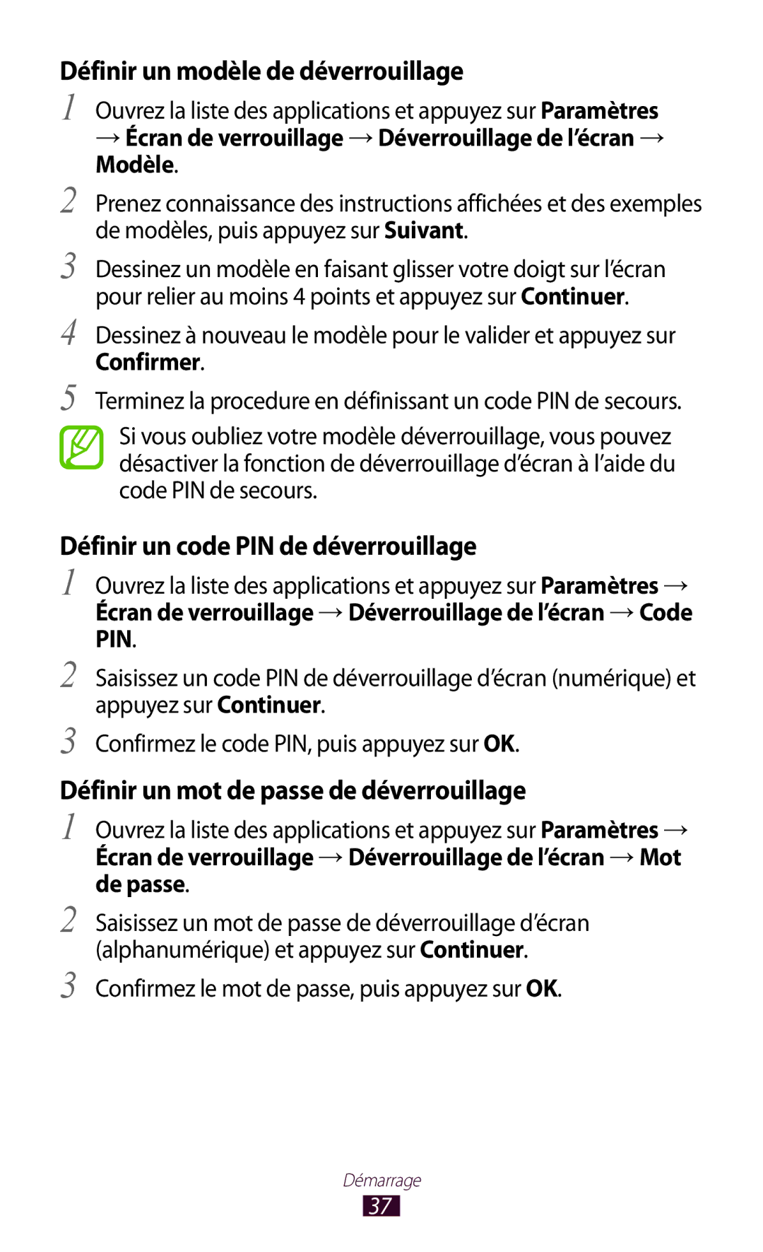 Samsung GT-N8000EAEXEF, GT-N8000ZWEXEF manual Définir un modèle de déverrouillage, Définir un code PIN de déverrouillage 