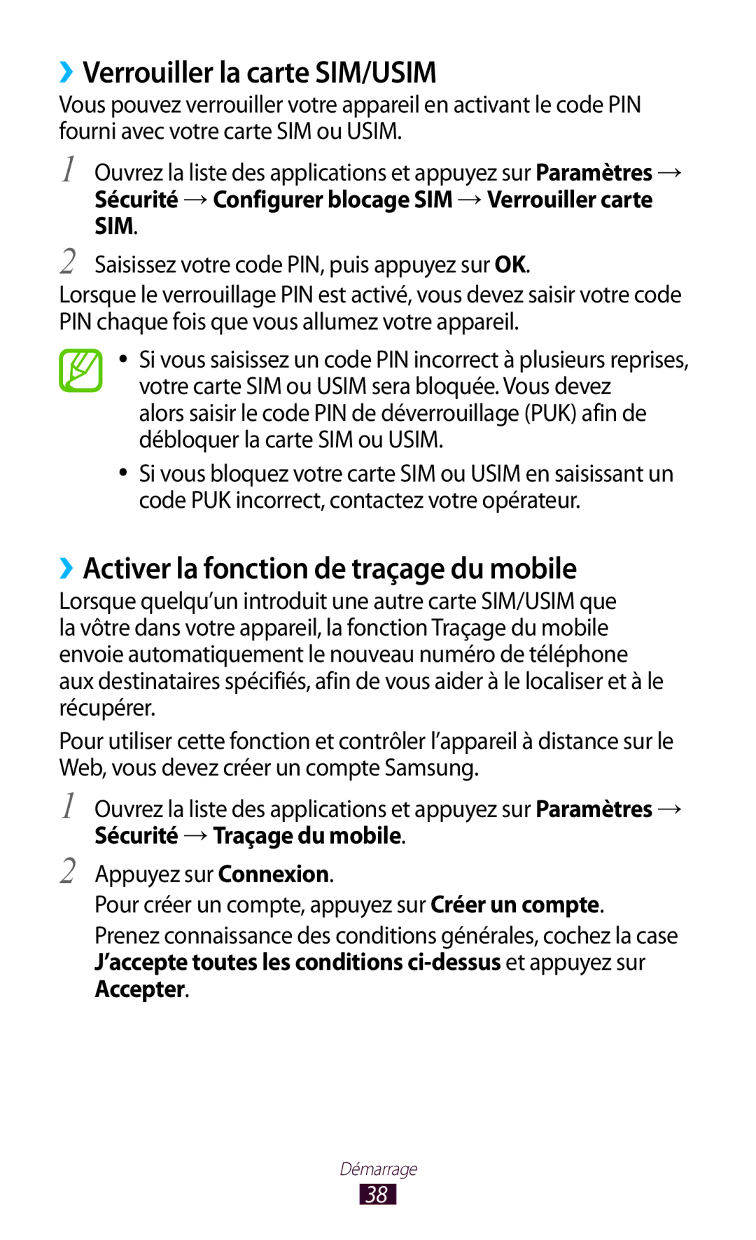 Samsung GT-N8000EAAXEF, GT-N8000ZWEXEF manual ››Verrouiller la carte SIM/USIM, ››Activer la fonction de traçage du mobile 