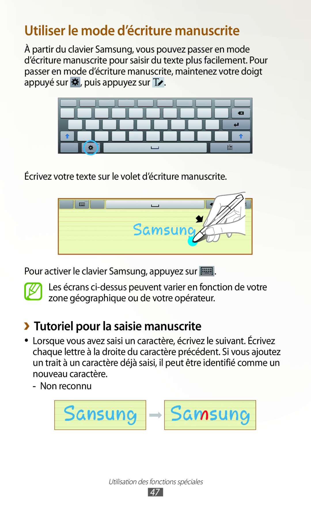 Samsung GT-N8000ZWAXEF, GT-N8000ZWEXEF manual Utiliser le mode d’écriture manuscrite, ››Tutoriel pour la saisie manuscrite 