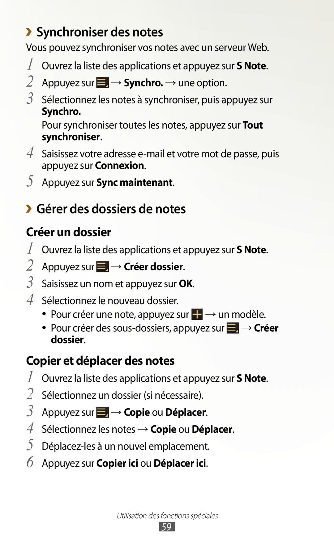 Samsung GT-N8000ZWAXEF, GT-N8000ZWEXEF, GT-N8000EAEXEF manual ››Synchroniser des notes, ››Gérer des dossiers de notes 