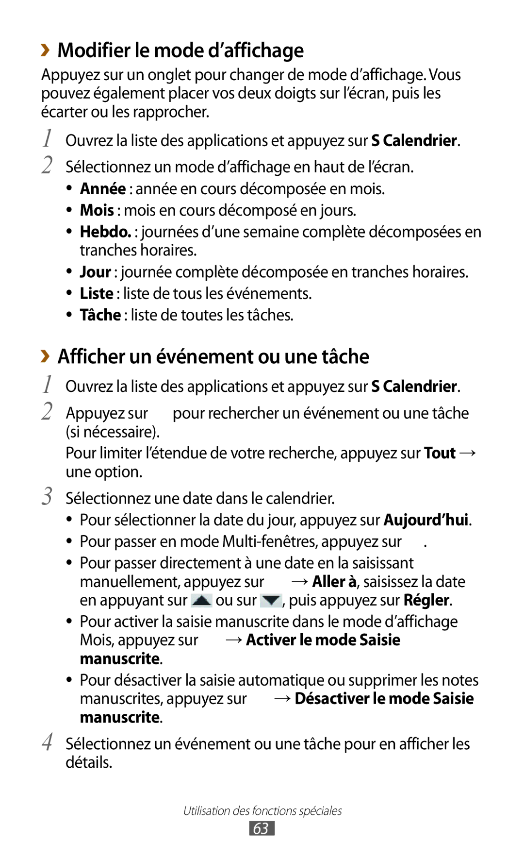 Samsung GT-N8000ZWAXEF, GT-N8000ZWEXEF, GT-N8000EAEXEF ››Modifier le mode d’affichage, ››Afficher un événement ou une tâche 