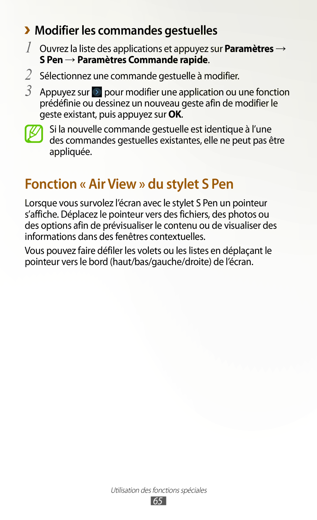 Samsung GT-N8000EAEXEF, GT-N8000ZWEXEF manual Fonction « Air View » du stylet S Pen, ››Modifier les commandes gestuelles 