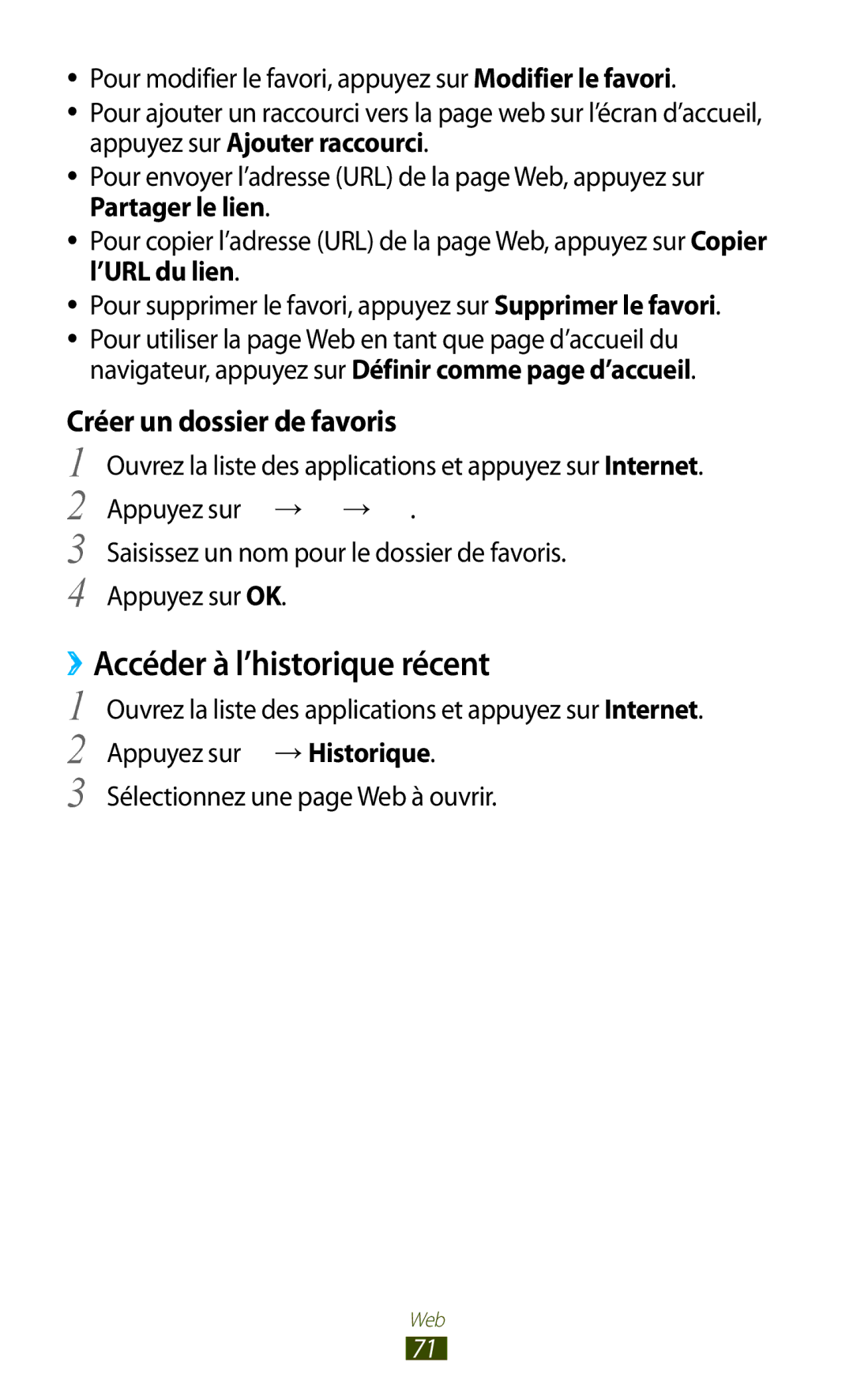 Samsung GT-N8000ZWAXEF, GT-N8000ZWEXEF, GT-N8000EAEXEF manual ››Accéder à l’historique récent, Créer un dossier de favoris 