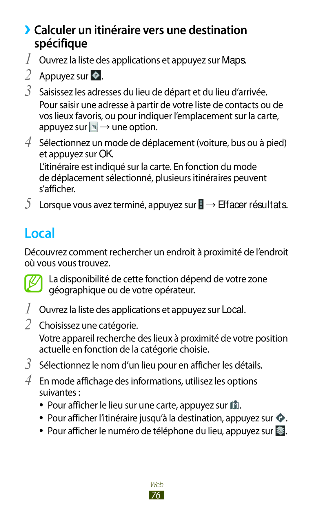 Samsung GT-N8000ZWEXEF, GT-N8000EAEXEF, GT-N8000EAAXEF manual Local, ››Calculer un itinéraire vers une destination Spécifique 