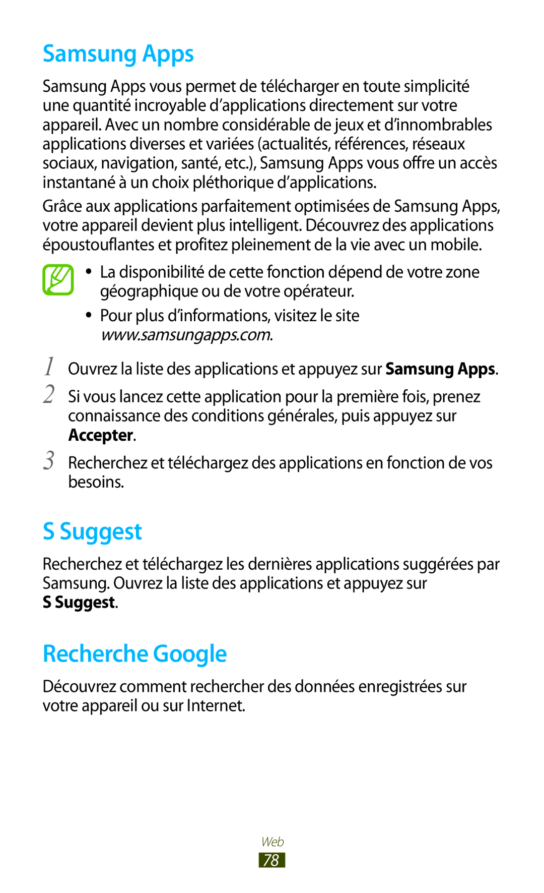 Samsung GT-N8000EAAXEF, GT-N8000ZWEXEF, GT-N8000EAEXEF, GT-N8000ZWAXEF manual Samsung Apps, Suggest, Recherche Google 