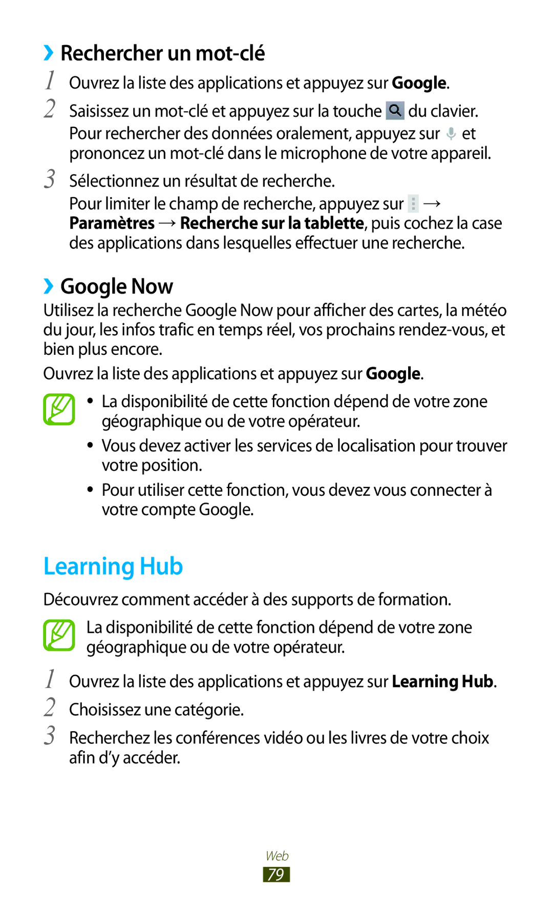 Samsung GT-N8000ZWAXEF manual Learning Hub, ››Rechercher un mot-clé, ››Google Now, Sélectionnez un résultat de recherche 