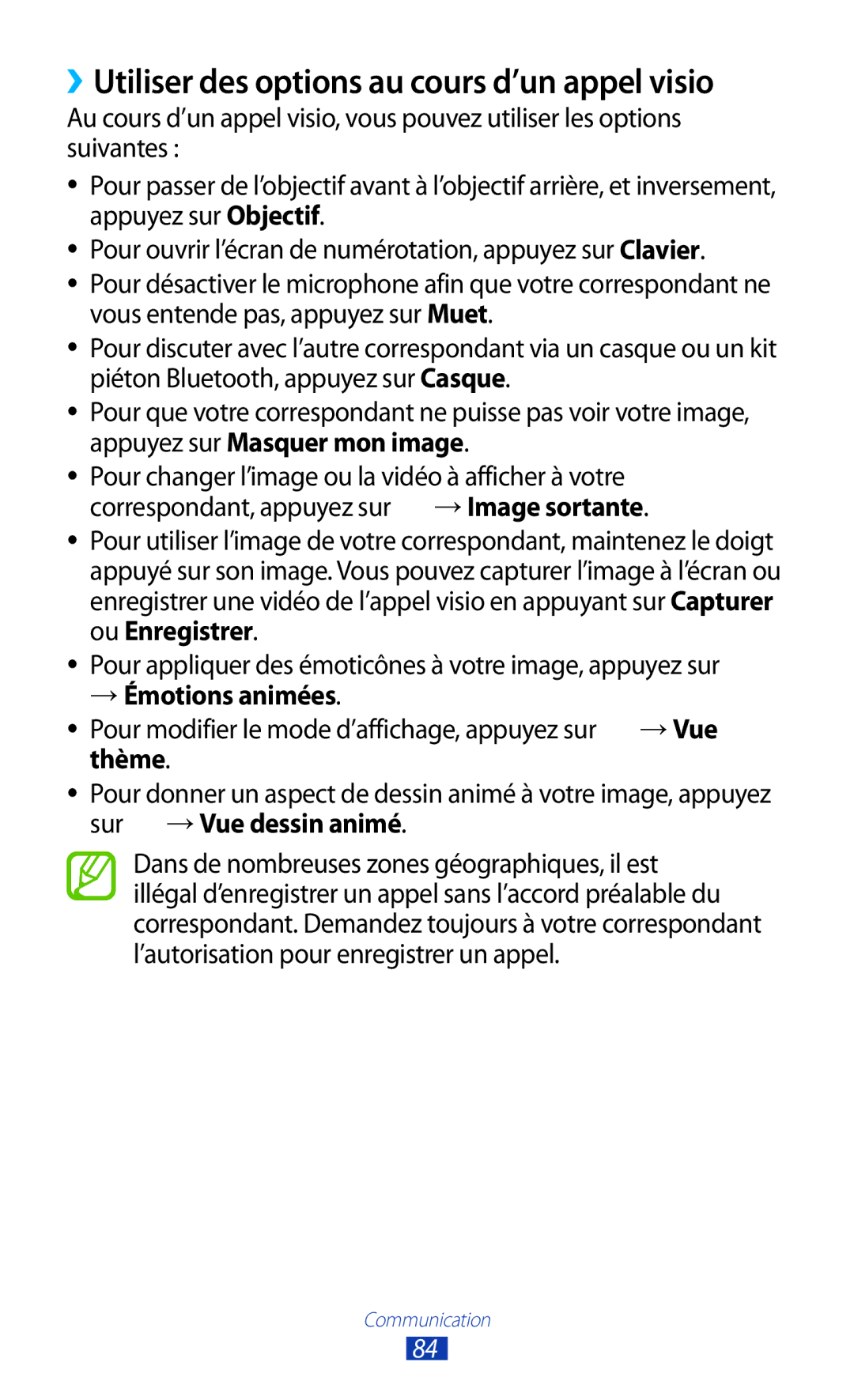Samsung GT-N8000ZWEXEF, GT-N8000EAEXEF, GT-N8000EAAXEF ››Utiliser des options au cours d’un appel visio, → Émotions animées 