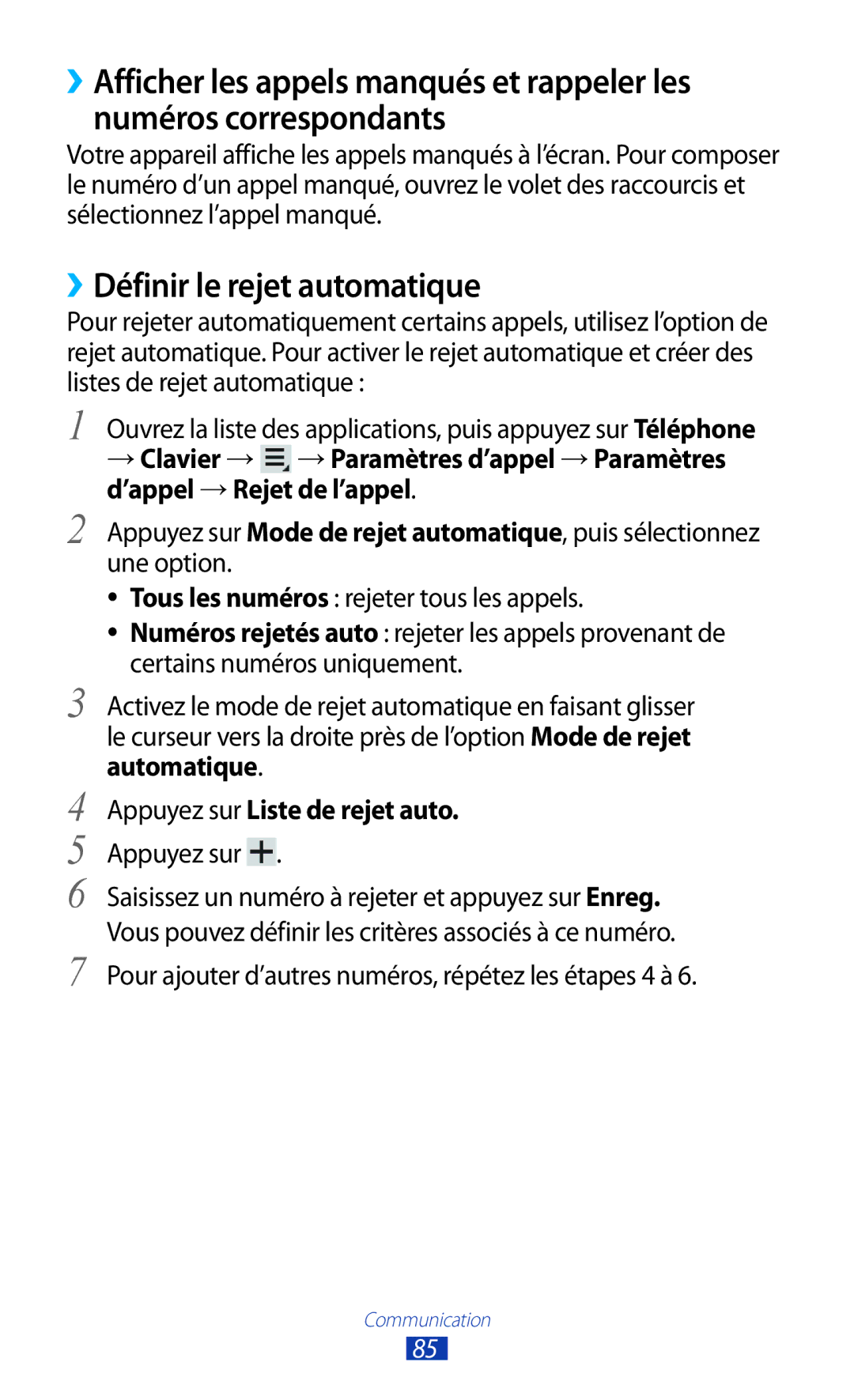 Samsung GT-N8000EAEXEF, GT-N8000ZWEXEF, GT-N8000EAAXEF manual ››Définir le rejet automatique, Appuyez sur Liste de rejet auto 