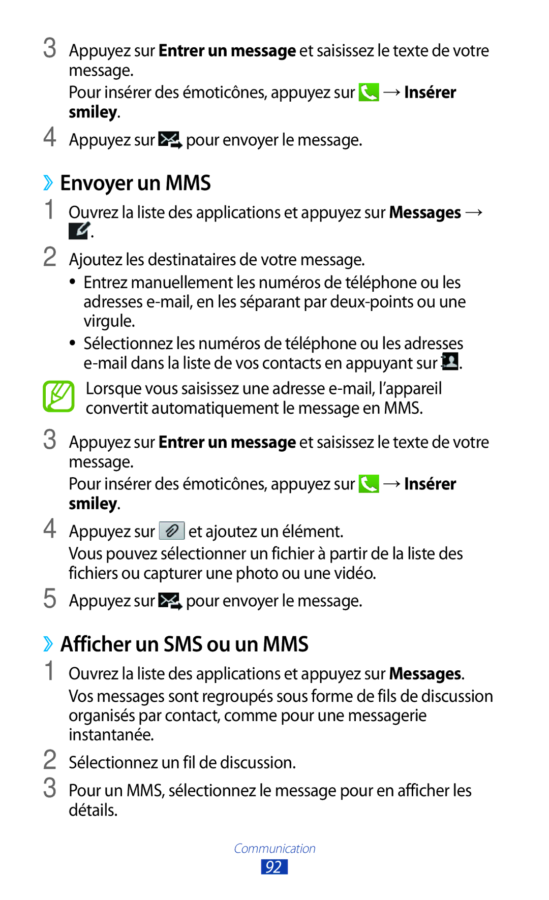 Samsung GT-N8000ZWEXEF manual ››Envoyer un MMS, ››Afficher un SMS ou un MMS, Smiley, Appuyez sur pour envoyer le message 