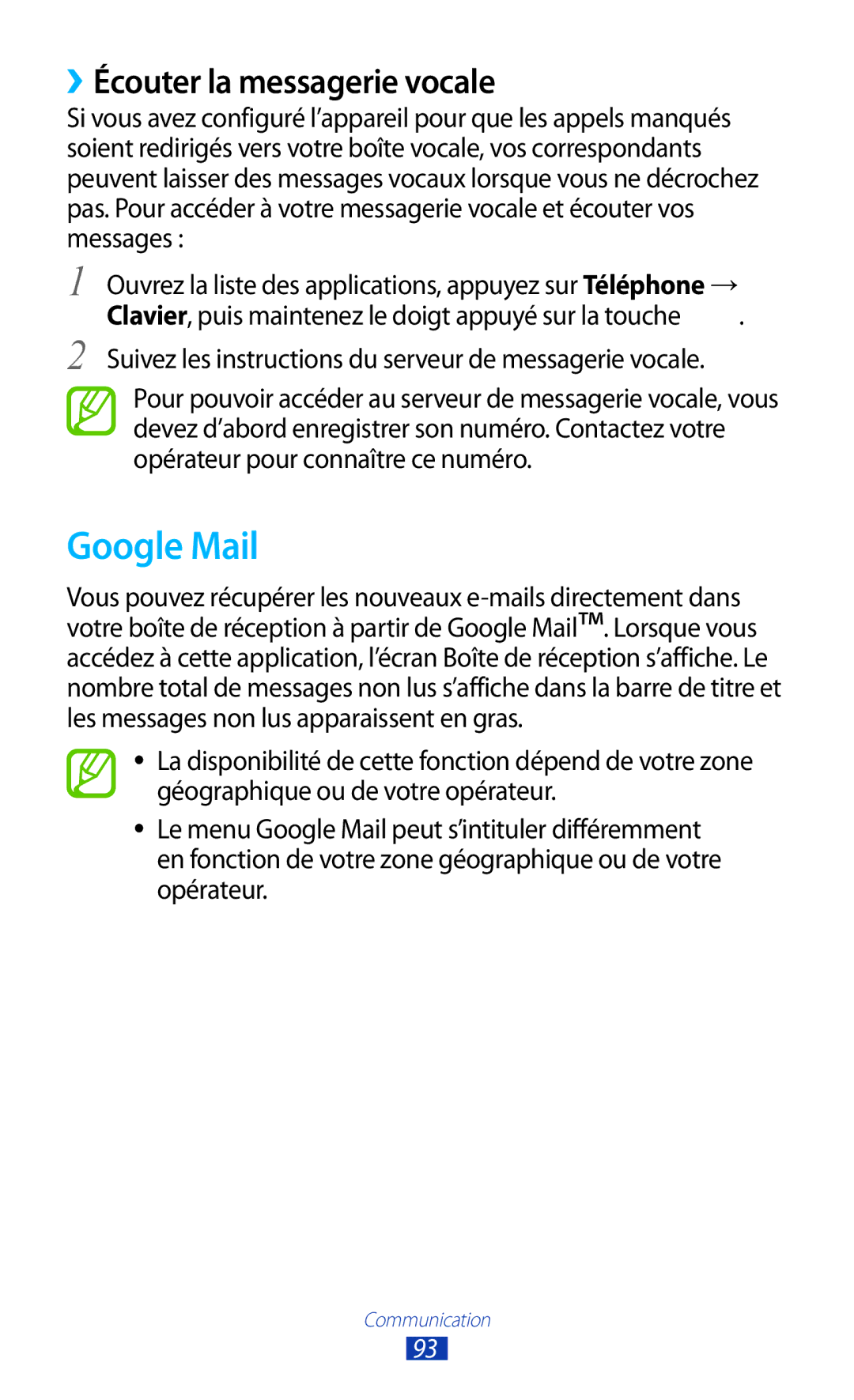 Samsung GT-N8000EAEXEF, GT-N8000ZWEXEF, GT-N8000EAAXEF, GT-N8000ZWAXEF manual Google Mail, ››Écouter la messagerie vocale 