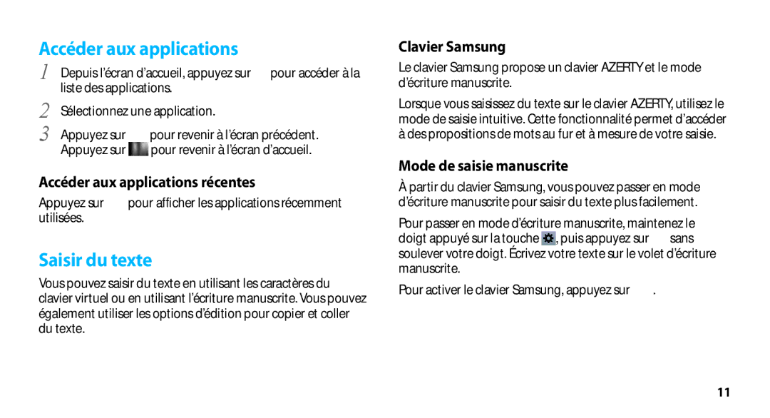 Samsung GT-N8000ZWAXEF Saisir du texte, Accéder aux applications récentes, Clavier Samsung, Mode de saisie manuscrite 