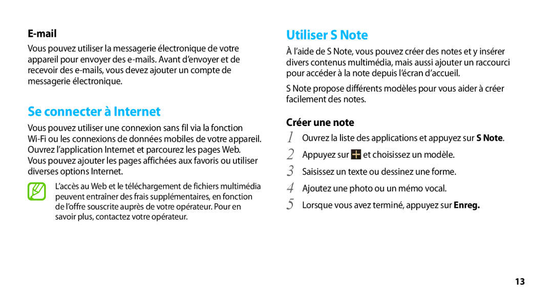 Samsung GT-N8000EAEXEF, GT-N8000ZWEXEF, GT-N8000EAAXEF, GT-N8000ZWAXEF manual Se connecter à Internet, Utiliser S Note, Mail 