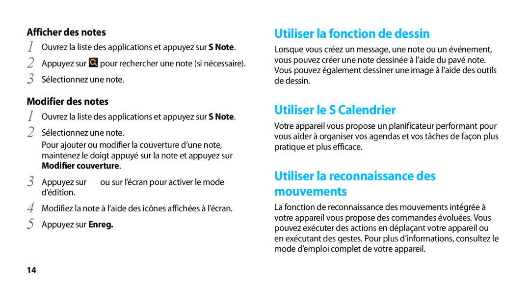 Samsung GT-N8000EAAXEF Utiliser la fonction de dessin, Utiliser le S Calendrier, Utiliser la reconnaissance des mouvements 