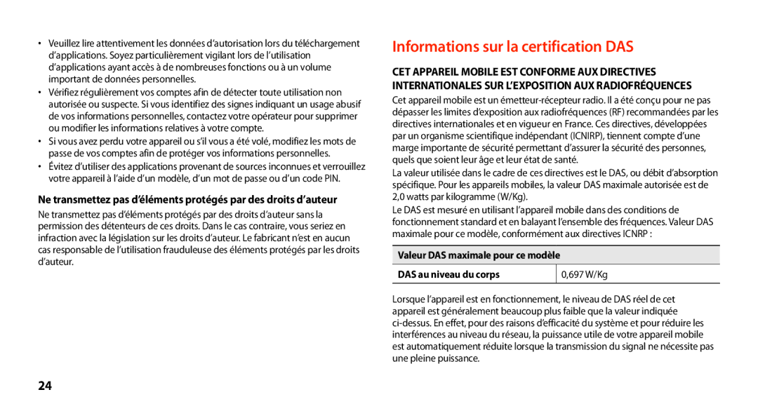 Samsung GT-N8000ZWEXEF, GT-N8000EAEXEF, GT-N8000EAAXEF, GT-N8000ZWAXEF manual Informations sur la certification DAS 