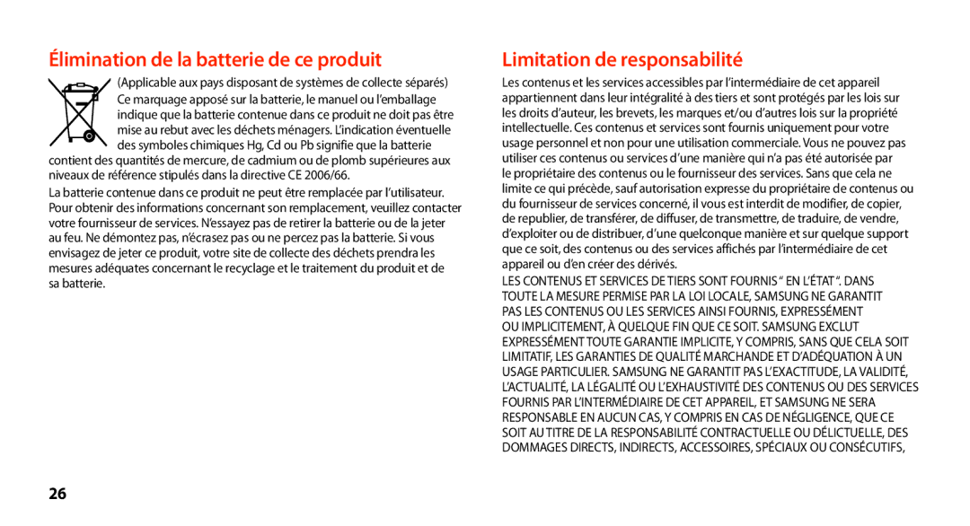 Samsung GT-N8000EAAXEF, GT-N8000ZWEXEF, GT-N8000EAEXEF, GT-N8000ZWAXEF manual Élimination de la batterie de ce produit 