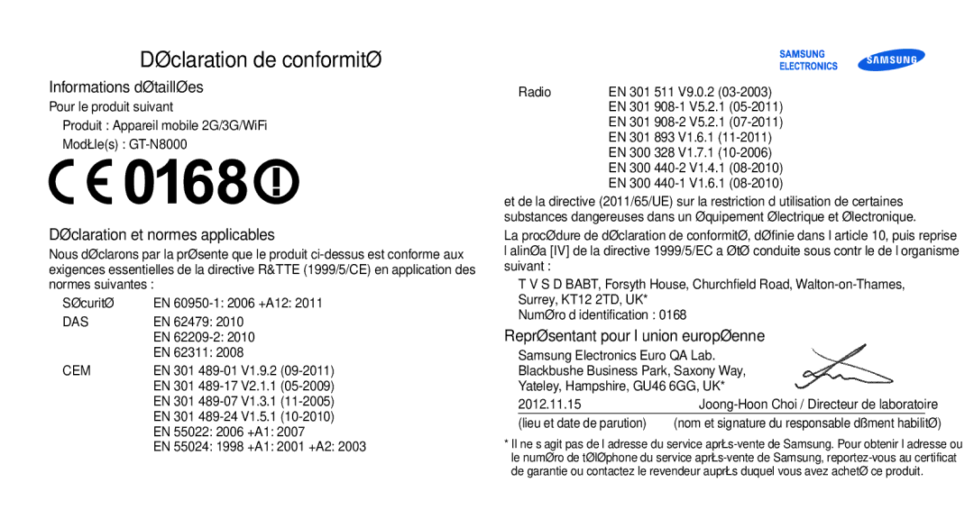 Samsung GT-N8000EAEXEF, GT-N8000ZWEXEF, GT-N8000EAAXEF, GT-N8000ZWAXEF manual Déclaration de conformité 