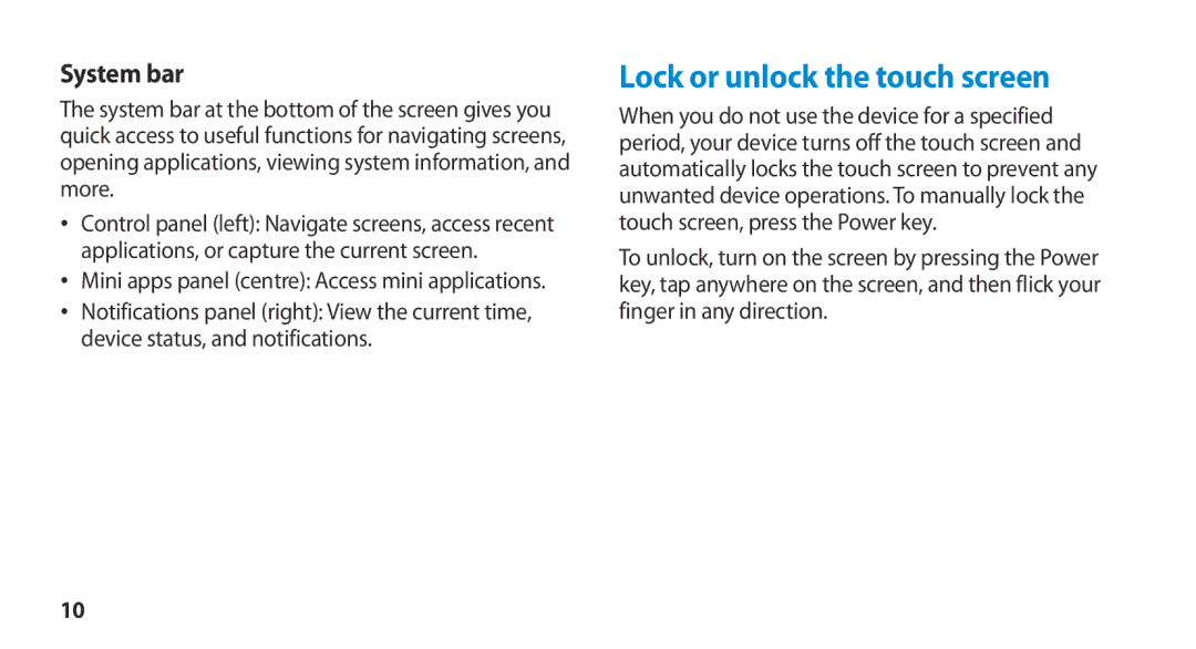 Samsung GT-N8000EAAXEF, GT-N8000ZWEXEF, GT-N8000EAEXEF, GT-N8000ZWAXEF manual Lock or unlock the touch screen, System bar 