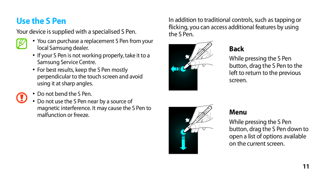 Samsung GT-N8000ZWAXEF, GT-N8000ZWEXEF, GT-N8000EAEXEF, GT-N8000EAAXEF manual Use the S Pen, Back, Menu 