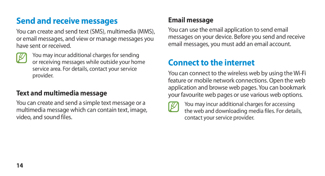 Samsung GT-N8000EAAXEF Send and receive messages, Connect to the internet, Text and multimedia message, Email message 