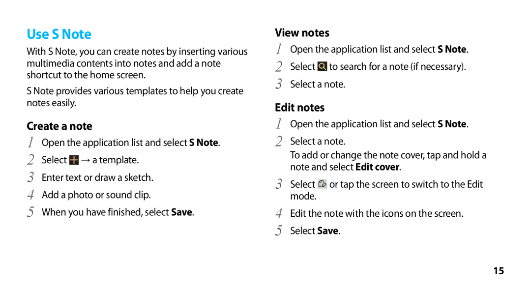 Samsung GT-N8000ZWAXEF, GT-N8000ZWEXEF, GT-N8000EAEXEF, GT-N8000EAAXEF manual Use S Note, Create a note, View notes 