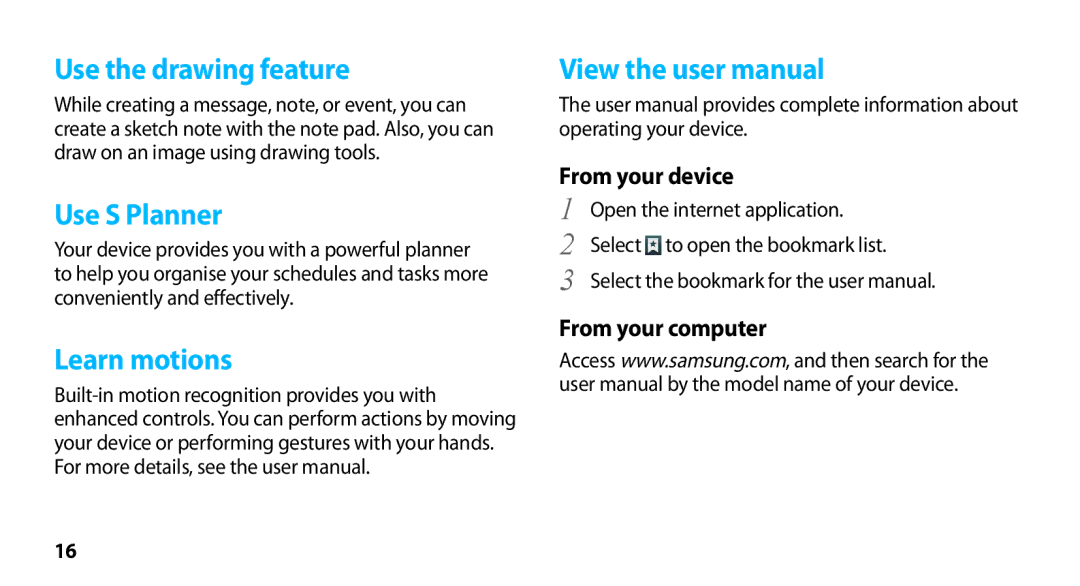 Samsung GT-N8000ZWEXEF manual Use the drawing feature, Use S Planner, Learn motions, From your device, From your computer 