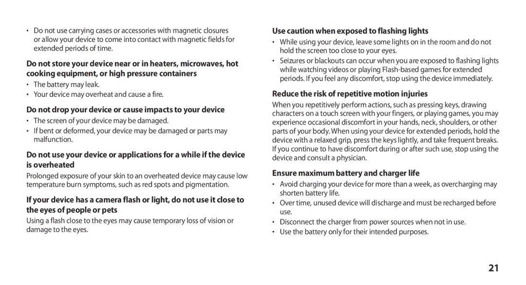 Samsung GT-N8000EAEXEF manual Use caution when exposed to flashing lights, Reduce the risk of repetitive motion injuries 