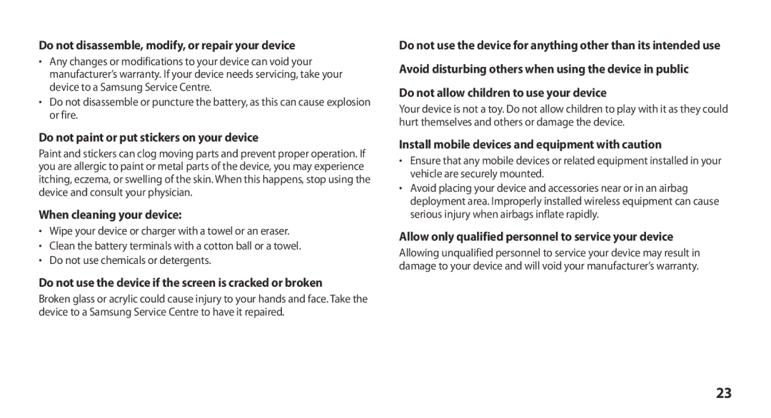 Samsung GT-N8000ZWAXEF Do not disassemble, modify, or repair your device, Do not paint or put stickers on your device 