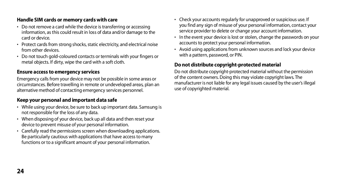 Samsung GT-N8000ZWEXEF, GT-N8000EAEXEF Handle SIM cards or memory cards with care, Ensure access to emergency services 