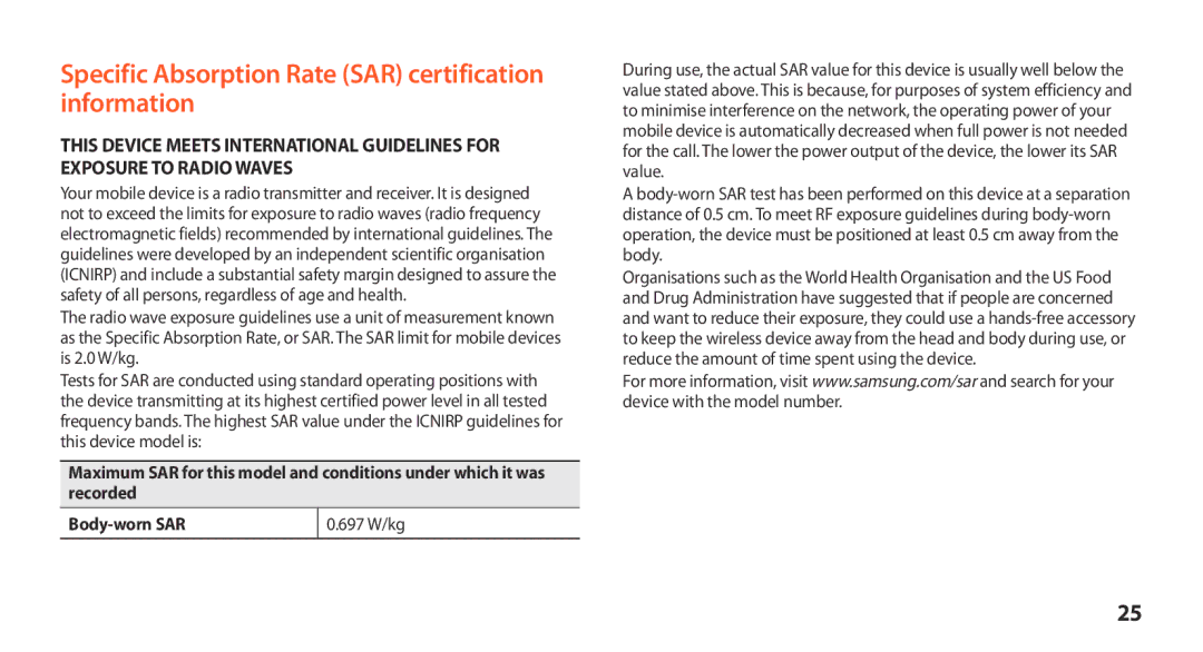 Samsung GT-N8000EAEXEF, GT-N8000ZWEXEF, GT-N8000EAAXEF manual Specific Absorption Rate SAR certification information 