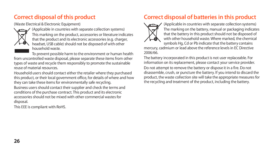 Samsung GT-N8000EAAXEF, GT-N8000ZWEXEF, GT-N8000EAEXEF, GT-N8000ZWAXEF manual Correct disposal of this product 