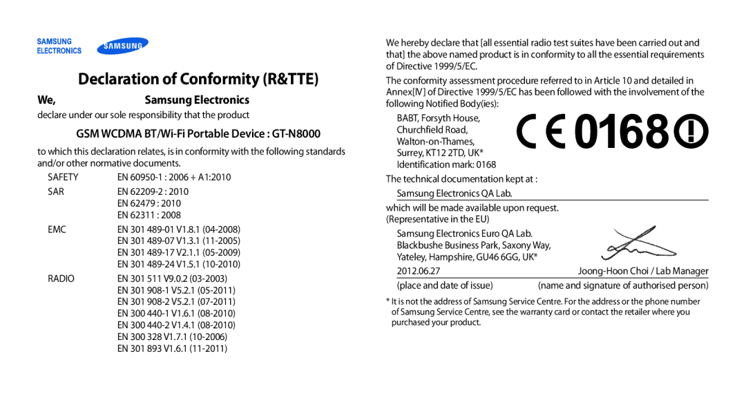 Samsung GT-N8000EAEXEF, GT-N8000ZWEXEF manual Declaration of Conformity R&TTE, GSM Wcdma BT/Wi-Fi Portable Device GT-N8000 