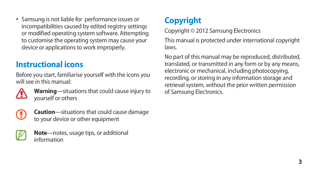 Samsung GT-N8000ZWAXEF, GT-N8000ZWEXEF, GT-N8000EAEXEF, GT-N8000EAAXEF manual Instructional icons, Copyright 