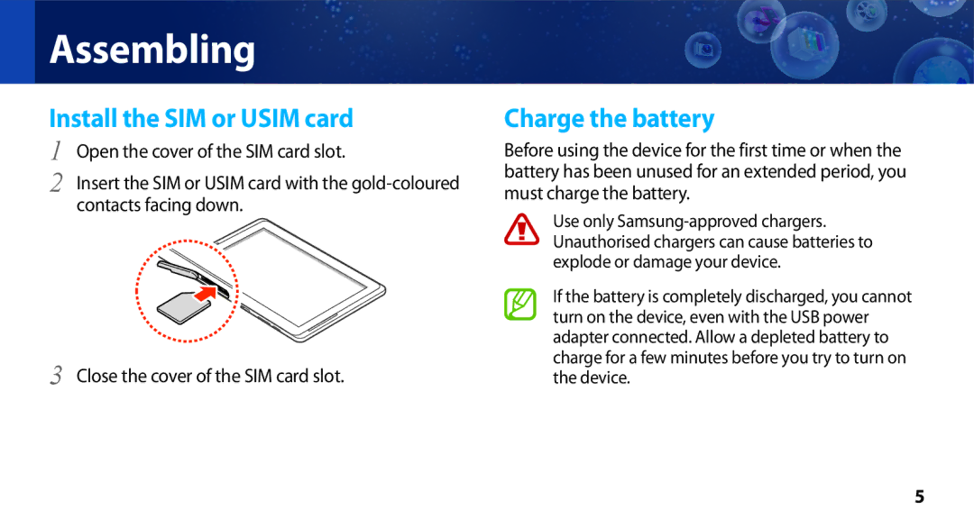 Samsung GT-N8000EAEXEF, GT-N8000ZWEXEF, GT-N8000EAAXEF, GT-N8000ZWAXEF manual Install the SIM or Usim card, Charge the battery 