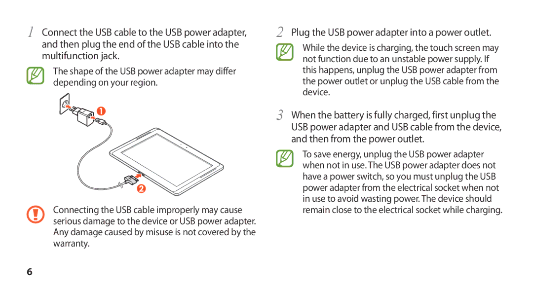 Samsung GT-N8000EAAXEF, GT-N8000ZWEXEF, GT-N8000EAEXEF, GT-N8000ZWAXEF manual Plug the USB power adapter into a power outlet 