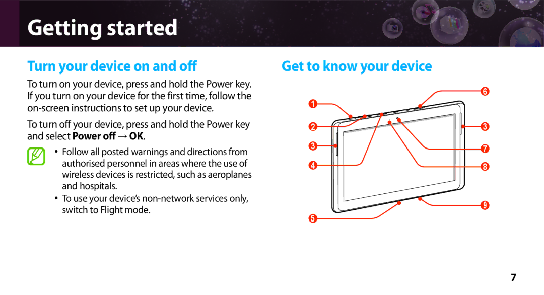 Samsung GT-N8000ZWAXEF, GT-N8000ZWEXEF, GT-N8000EAEXEF, GT-N8000EAAXEF Turn your device on and off, Get to know your device 