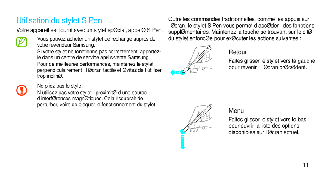 Samsung GT-N8000ZWAXEF, GT-N8000ZWEXEF, GT-N8000EAEXEF, GT-N8000EAAXEF manual Utilisation du stylet S Pen, Retour, Menu 