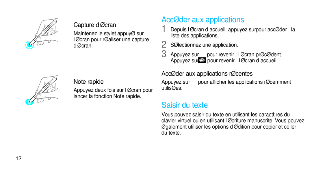 Samsung GT-N8000ZWEXEF, GT-N8000EAEXEF manual Saisir du texte, Capture d’écran, Accéder aux applications récentes 