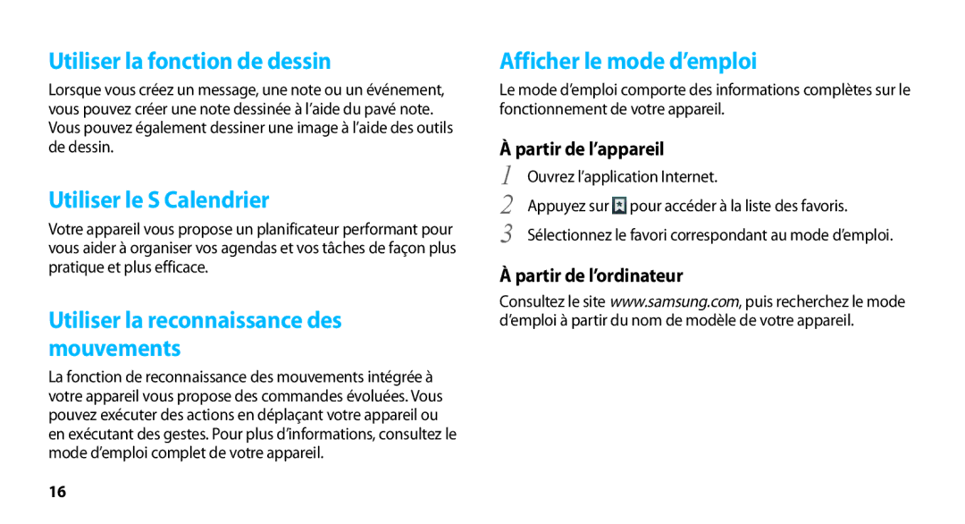 Samsung GT-N8000ZWEXEF Utiliser la fonction de dessin, Utiliser le S Calendrier, Utiliser la reconnaissance des mouvements 