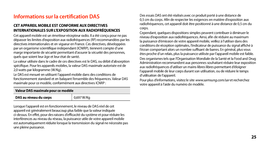 Samsung GT-N8000EAEXEF, GT-N8000ZWEXEF, GT-N8000EAAXEF, GT-N8000ZWAXEF manual Informations sur la certification DAS 