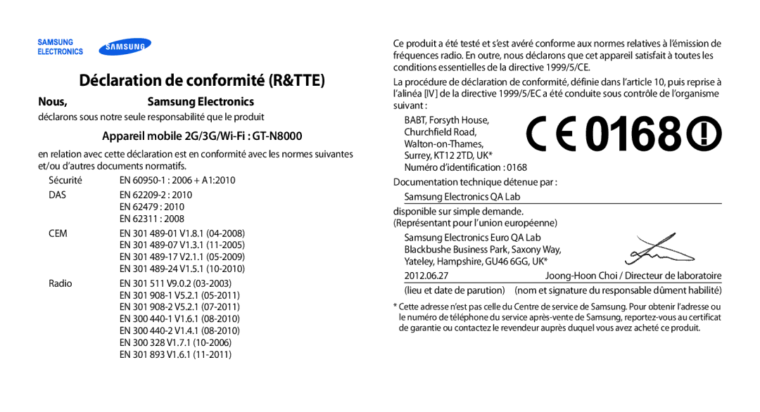 Samsung GT-N8000EAEXEF, GT-N8000ZWEXEF, GT-N8000EAAXEF, GT-N8000ZWAXEF manual Déclaration de conformité R&TTE 